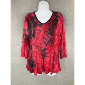 Sienna Grace Floral Flowy Top V-Neck 3/4 Sleeve Y2K Red Black Sz L Whimsigoth